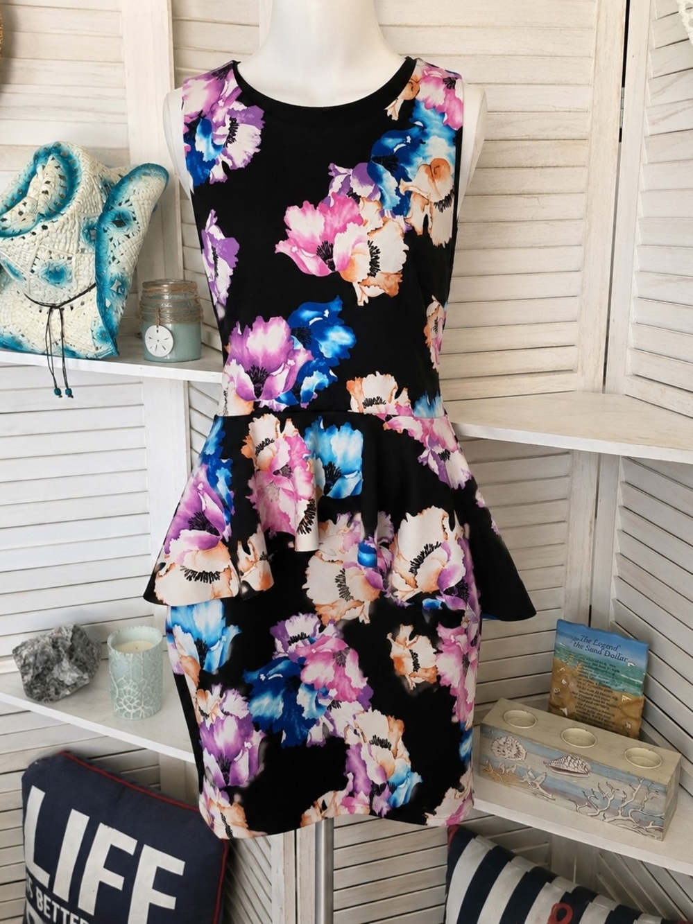 Metaphor Black Mini Peplum Dress with Pink, Blue & Cream Floral Print SZ L